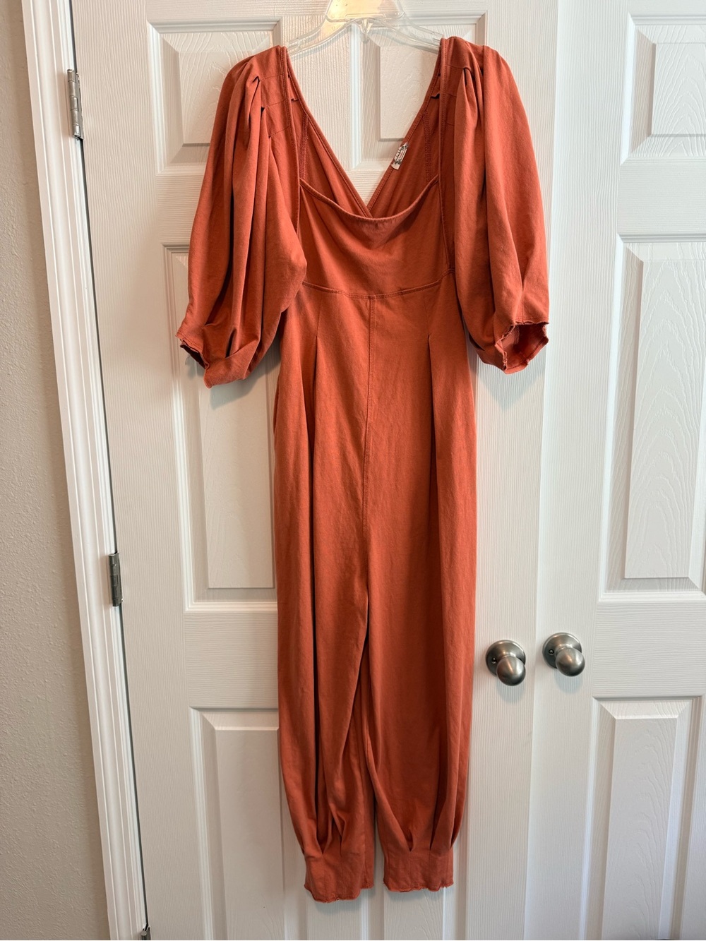 Free People Rust Orange Puff-Sleeve Jumpsuit